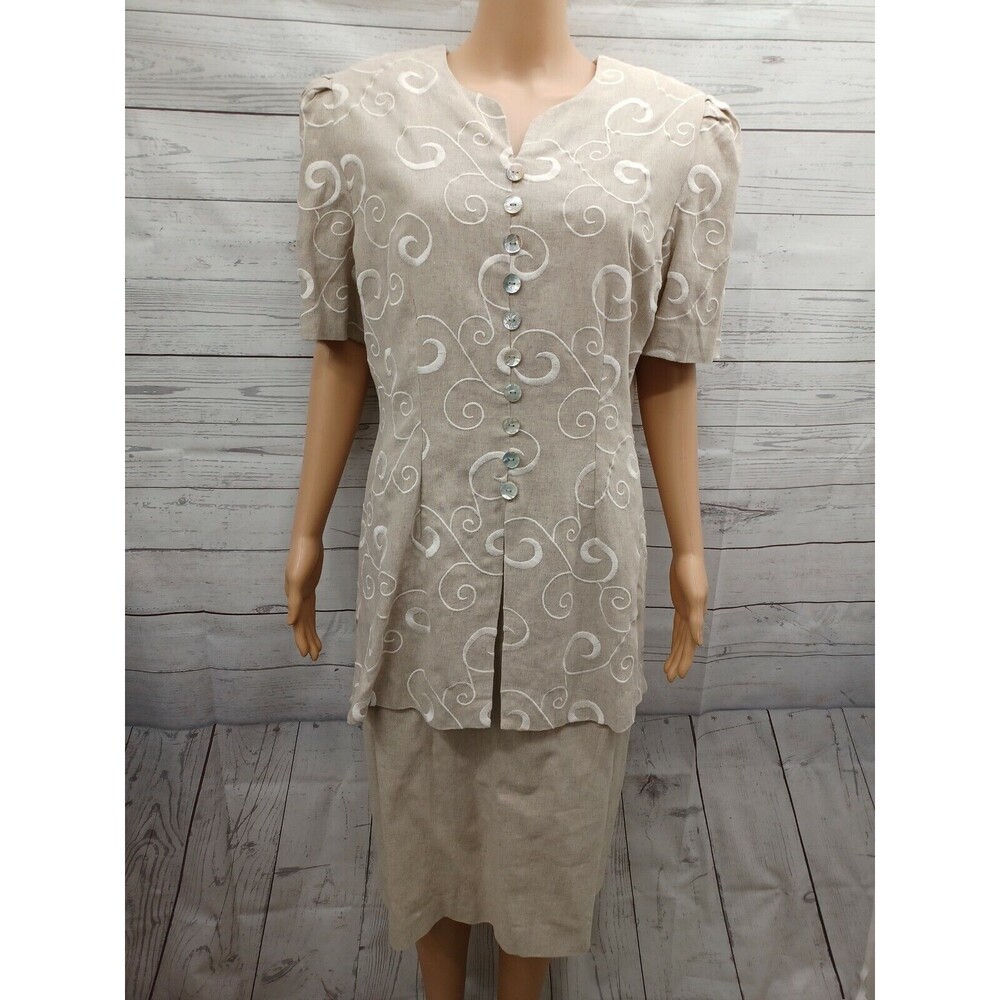 Plaza South Dress Front Corset Style  Beige Embriodery Zip Linen blend Sz 12